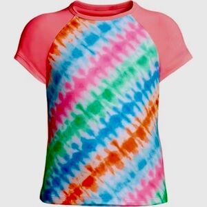Lands’ End Girls UPF 50 Rash Guard Swim Shirt Tie-Dye Pink Size XL (14–16+)
